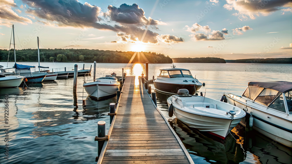 Obraz premium A peaceful sunset casts vibrant colors over a tranquil lake. Boats are moored along a wooden pier, reflecting the golden sunlight, creating a calming atmosphere for evening relaxation