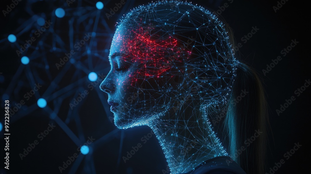 A digital representation of a female head with a glowing red light in her brain and blue lines on her face, with a dark background and blue dots connected by lines. A digital representation of a female head with a glowing red light in her brain and blue lines on her face, with a dark background and blue dots connected by lines.