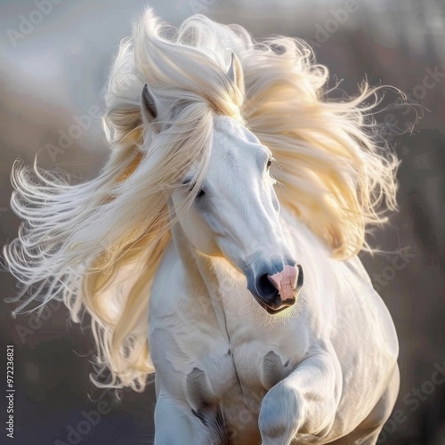 Wallpaper Mural A majestic white horse gallops gracefully, showcasing its flowing mane against a soft, blurred background. Torontodigital.ca