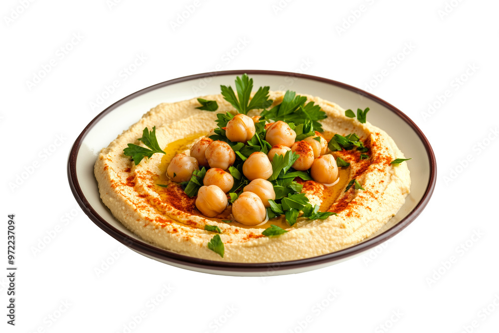 A dish of smooth hummus garnished with red pepper and a sprinkle of fresh parsley on a white plate. Isolated on white transparent background, A dish of smooth hummus garnished with red pepper and a sprinkle of fresh parsley on a white plate. Isolated on white transparent background,