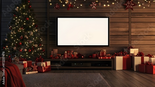 TV with blank screen and living room interior at Christmas, entertainment and holidays concept. photo