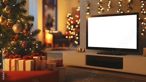 TV with blank screen and living room interior at Christmas, entertainment and holidays concept. photo