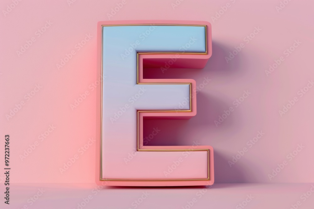 3D letter E with gradient effect and gold trim on a pastel pink background. 3D letter E with gradient effect and gold trim on a pastel pink background.