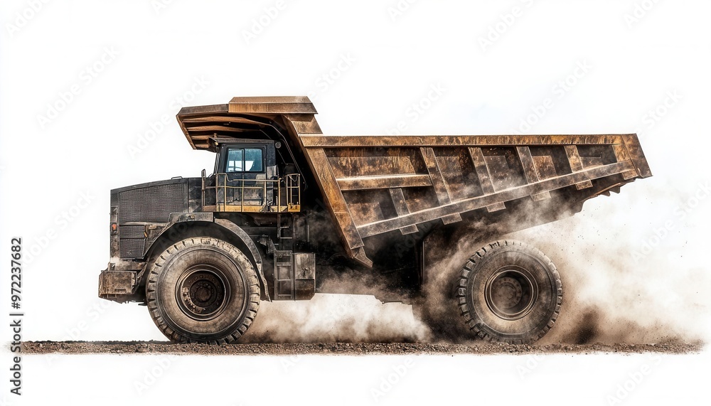 Obraz premium A heavy-duty dump truck kicks up dust while transporting materials on a construction site, showcasing industrial power and efficiency.