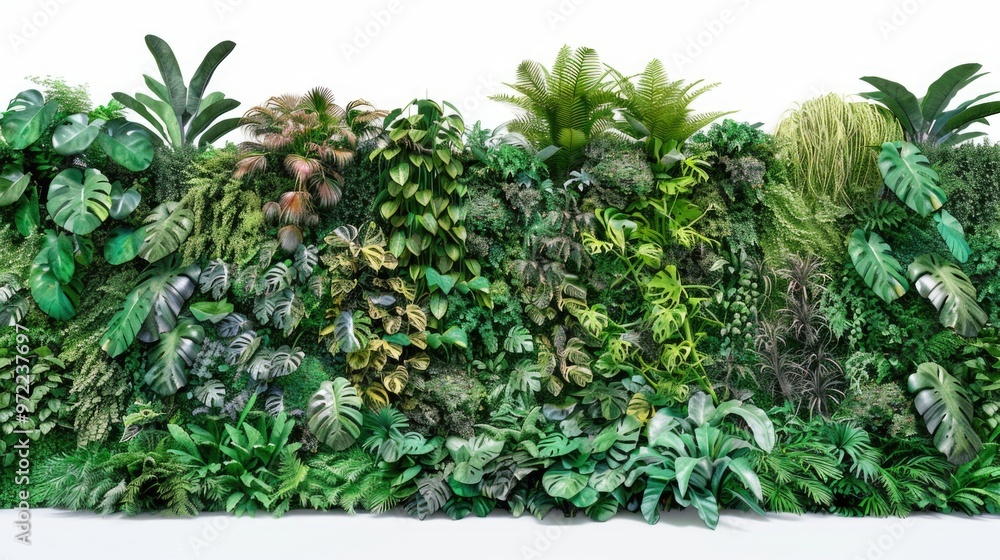 A close-up shot of a wall covered in various types of plants, including foliage and flowers A close-up shot of a wall covered in various types of plants, including foliage and flowers