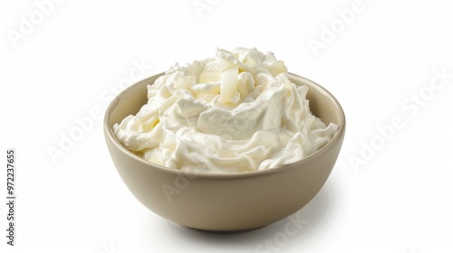 A bowl filled with fluffy whipped cream on a clean white surface