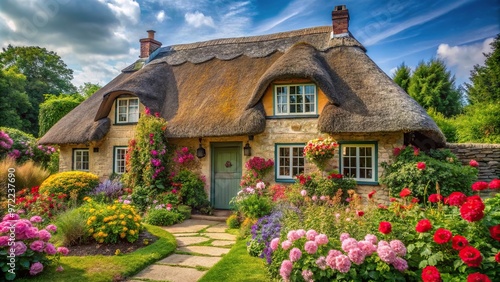 Charming quaint cottage with thatched roof and flower garden