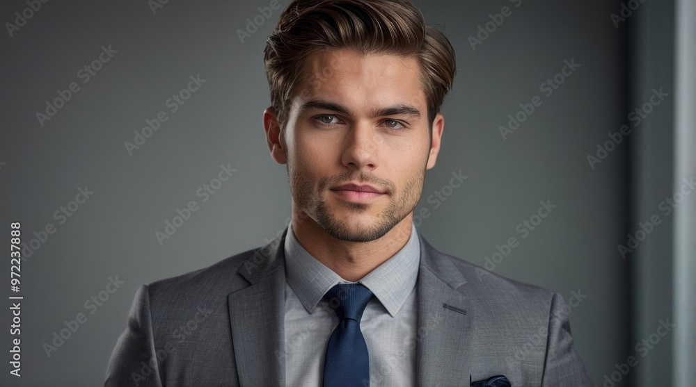 Business man handsome cute guy in grey office Business man handsome cute guy in grey office