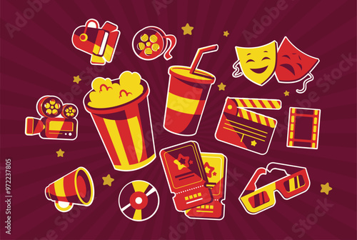 Fun Collection of Movie Night Icons. Perfect for Cinema and Entertainment Designs. Popcorn, Tickets, 3D Glasses, Film Reel, and Clapperboard. Isolated Flat Vector Art.