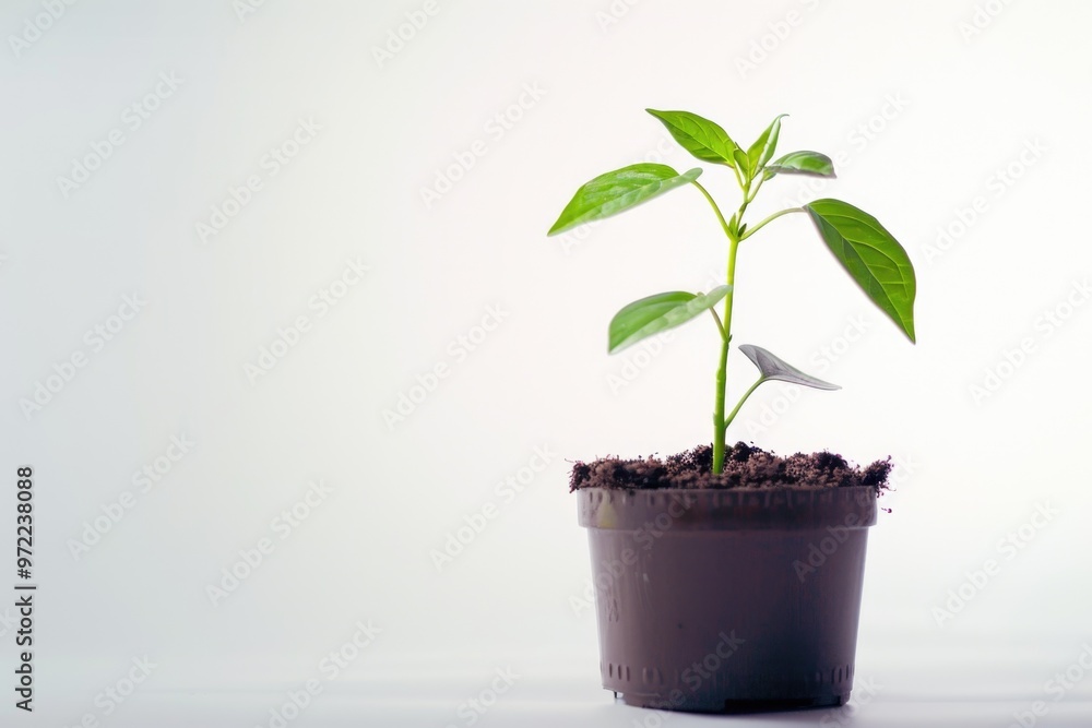 A small plant growing in a pot placed on a table A small plant growing in a pot placed on a table