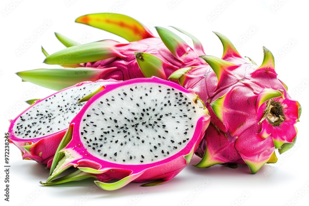 A close-up shot of a dragon fruit cut in half, revealing its vibrant green scales and creamy white interior A close-up shot of a dragon fruit cut in half, revealing its vibrant green scales and creamy white interior