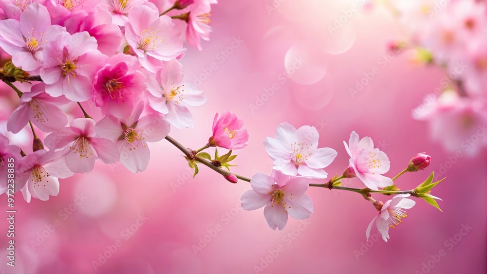 Cherry blossom tree with pink background creating forced perspective illusion