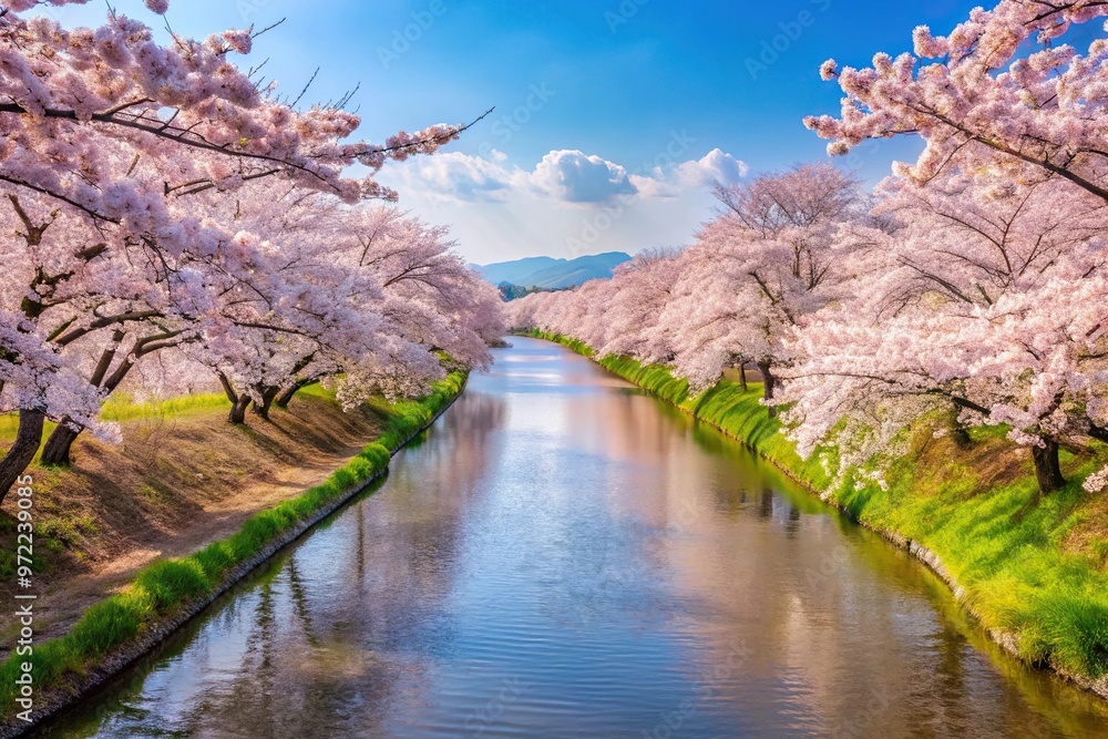 Cherry blossoms in full bloom along the river Long Shot Cherry blossoms in full bloom along the river Long Shot