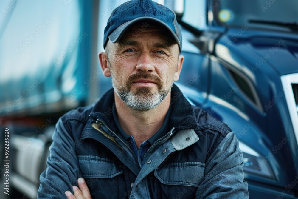 A person standing near a large semi-truck on a road or highway A person standing near a large semi-truck on a road or highway