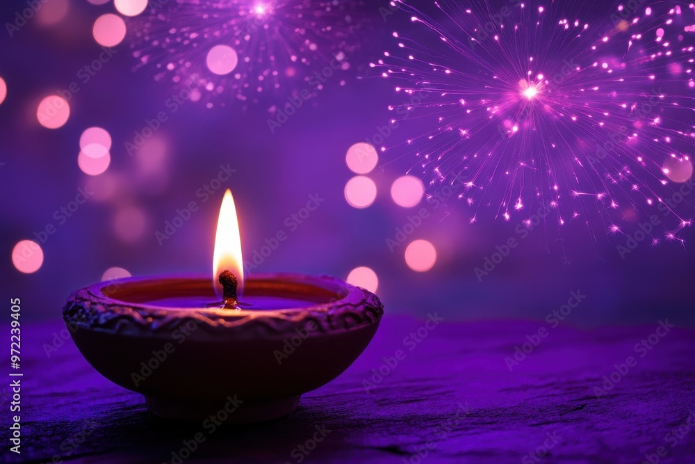 Cheerful diwali greetings set against a vibrant purple background showcasing fireworks and a traditional diya lamp Cheerful diwali greetings set against a vibrant purple background showcasing fireworks and a traditional diya lamp