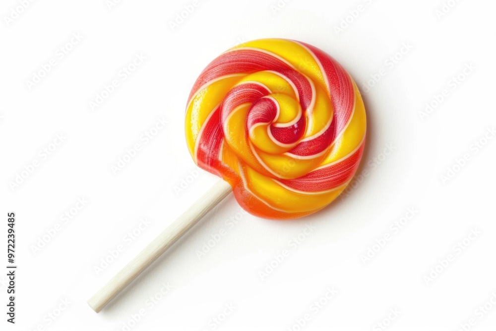 A single colorful lollipop on a stick against a clean white background A single colorful lollipop on a stick against a clean white background