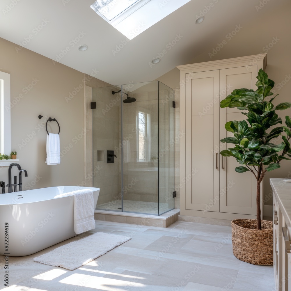 Modern Bathroom with Freestanding Tub Walk in Shower and Skylight Modern Bathroom with Freestanding Tub Walk in Shower and Skylight