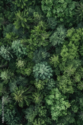 Aerial view of dense forest with numerous trees