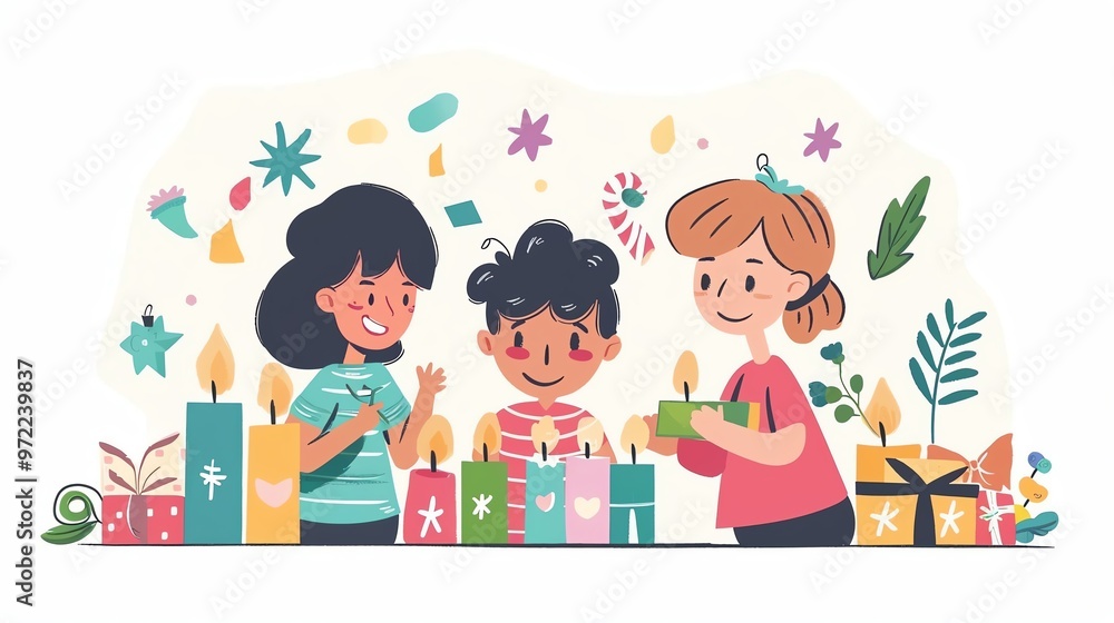 Children crafting holiday candles, scented materials, flat design illustration Children crafting holiday candles, scented materials, flat design illustration
