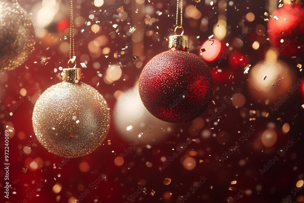 falling golden and silver glittering Christmas bauble, confetti flying around falling golden and silver glittering Christmas bauble, confetti flying around