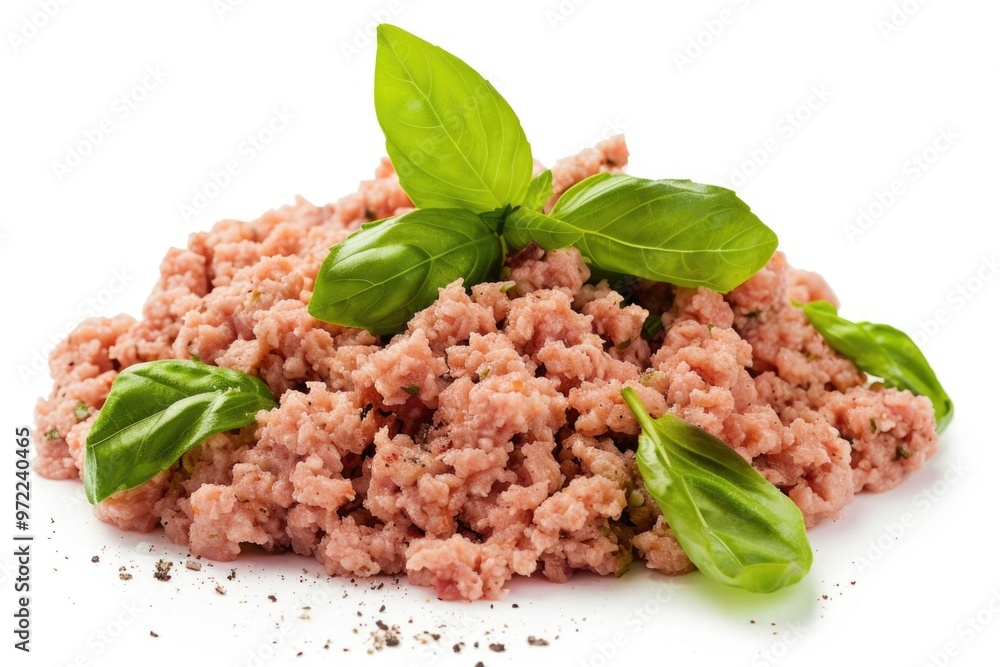 Fresh meat served with fragrant basil leaves Fresh meat served with fragrant basil leaves