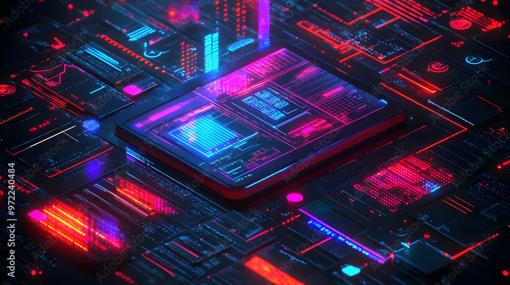 Futuristic Technology Interface with Neon Lights and Circuit Board Futuristic Technology Interface with Neon Lights and Circuit Board