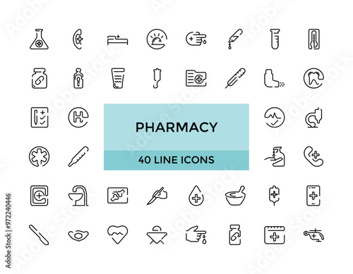 Pharmacy icons set. Line style icon collections, editable stroke. stethoscope, pregnancy test, pills, dropper, alternative medicine, medicines, pharmacy, Editable strock.