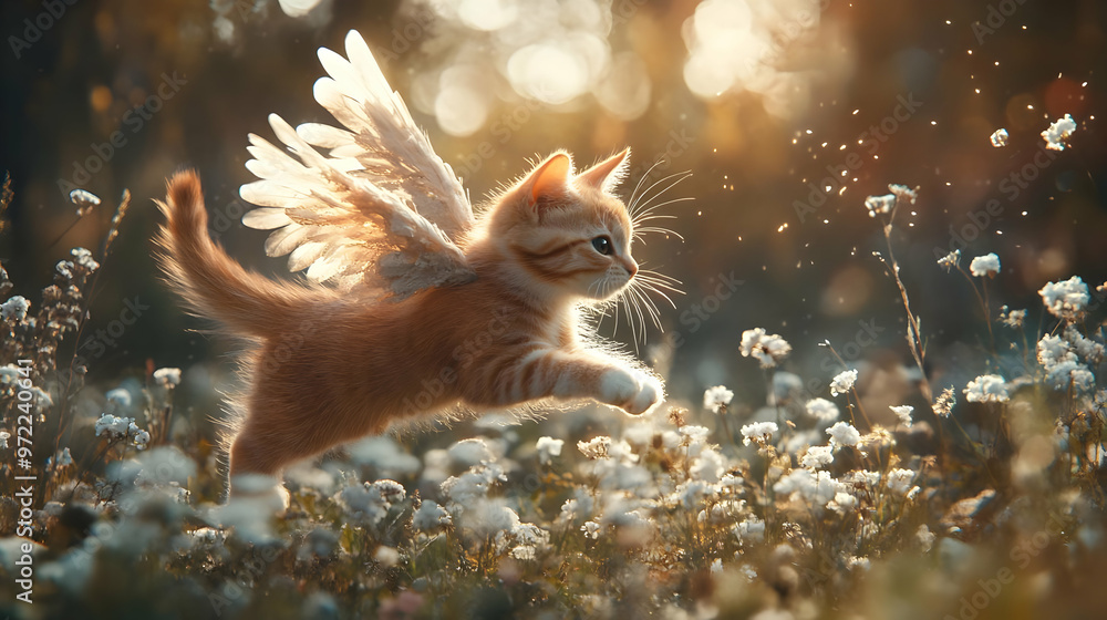 Cute Kitten with Wings Flying in Flower Field Cute Kitten with Wings Flying in Flower Field