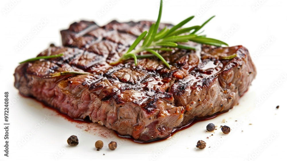 A juicy piece of steak served with a fragrant sprig of rosemary A juicy piece of steak served with a fragrant sprig of rosemary