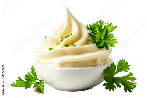 A smooth, creamy herb mayonnaise garnished with fresh green herbs, making it perfect for dips or sauces, isolated on white transparent background. photo