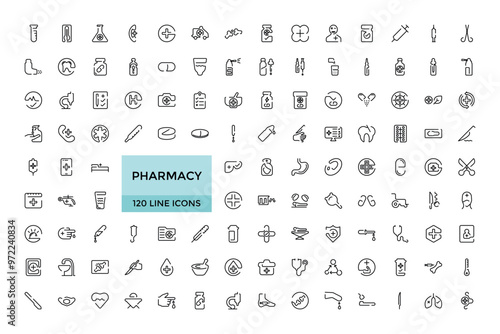 Pharmacy icons set. Line style icon collections, editable stroke. stethoscope, pregnancy test, pills, dropper, alternative medicine, medicines, pharmacy, Editable strock.