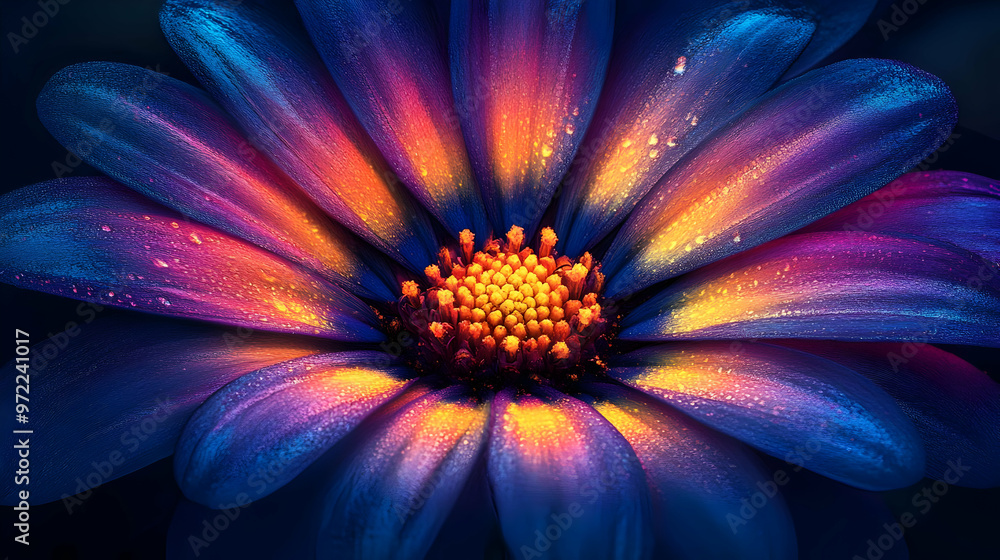 Vibrant Blue Purple Flower with Yellow and Orange Center Close Up Vibrant Blue Purple Flower with Yellow and Orange Center Close Up