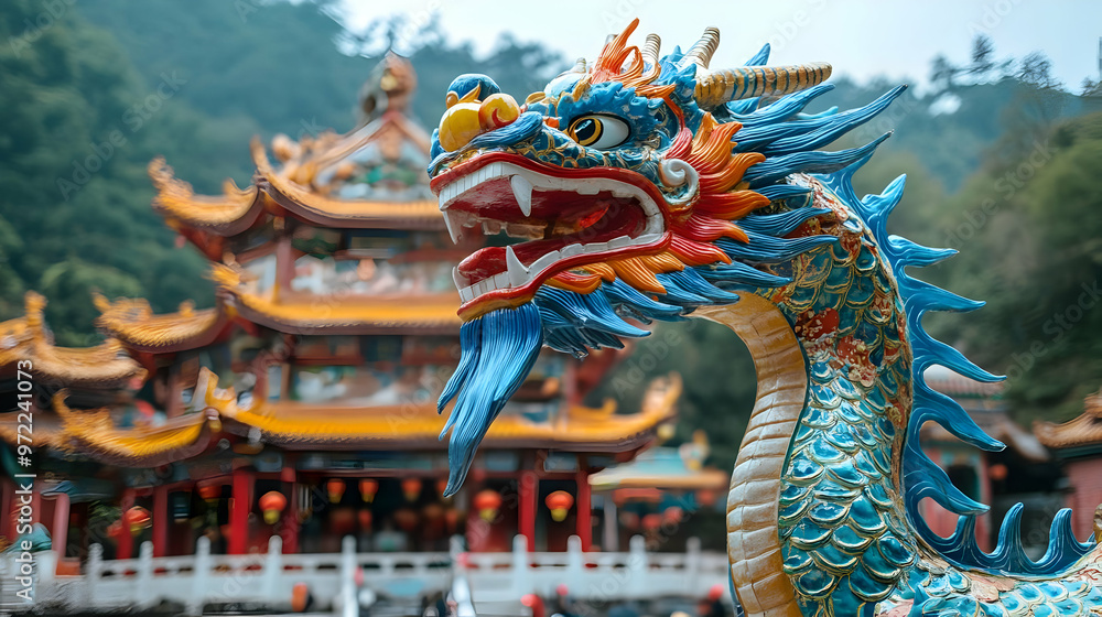 Fototapeta premium Colorful Dragon Statue at a Chinese Temple