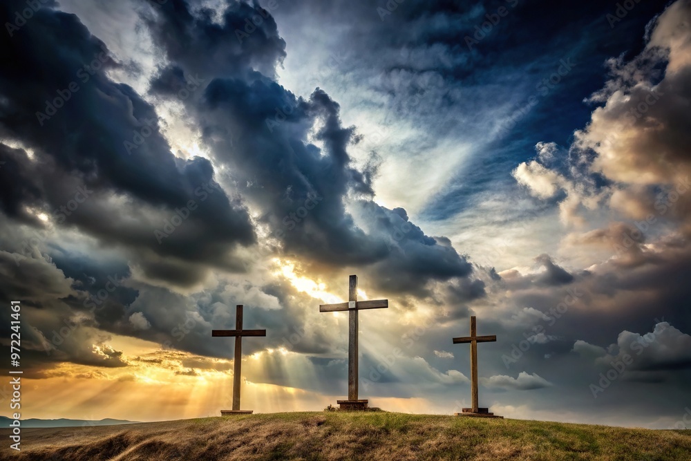 Obraz premium Christian scene with three crosses on Golgotha under cloudy sky