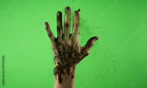 a dirt-covered hand emerges from underground on a vibrant green screen, providing a spooky scene for halloween video effects photo