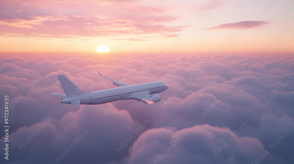 Airplane flying through the clouds with a pink sunset in the background. Airplane flying through the clouds with a pink sunset in the background.