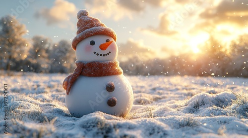 Cheerful snowman with hat and scarf in snowy field