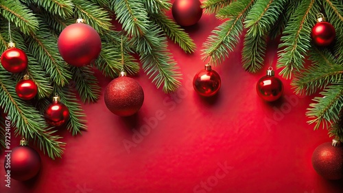 Christmas background with Christmas tree branches and red background balls