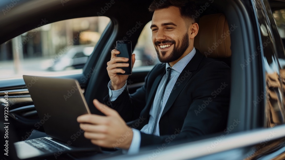 Smiling Businessman Using Phone and Laptop in a Car Smiling Businessman Using Phone and Laptop in a Car