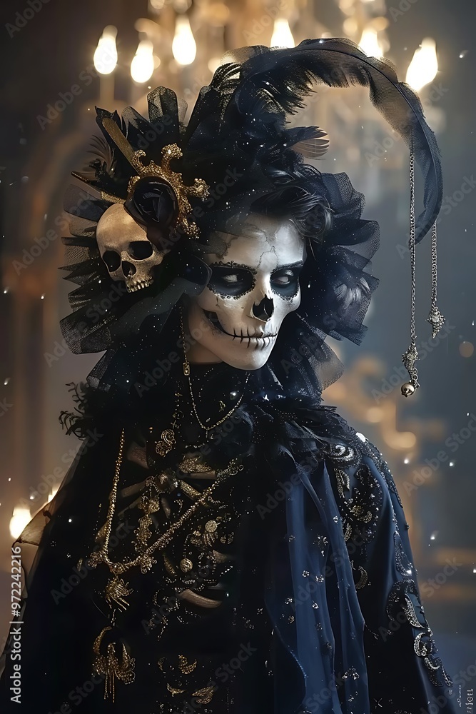 A skeletal figure adorned in dark attire, exuding a gothic aesthetic. A skeletal figure adorned in dark attire, exuding a gothic aesthetic.