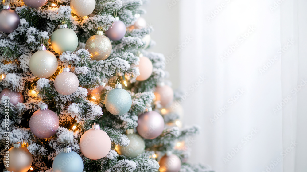 Pastel Christmas Tree With Snow And Lights For Winter Holiday Background. Pastel Christmas Tree With Snow And Lights For Winter Holiday Background.
