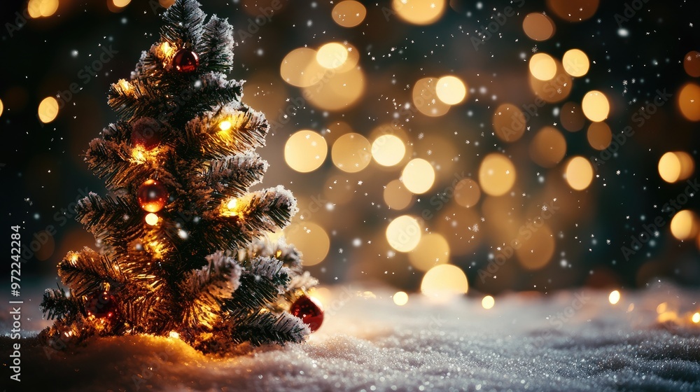 A small Christmas tree with twinkling lights and red ornaments is adorned with snow, standing against a backdrop of a warm, blurred bokeh lights and falling snow. A small Christmas tree with twinkling lights and red ornaments is adorned with snow, standing against a backdrop of a warm, blurred bokeh lights and falling snow.