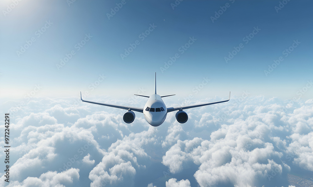 Fototapeta premium Airplane flying above the clouds with a clear blue sky in the background.