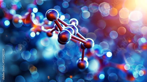 Molecular Structure: A 3D rendering of a complex molecular structure, with metallic spheres connected by bonds, against a vibrant blue and red bokeh background, representing the intricate beauty and i