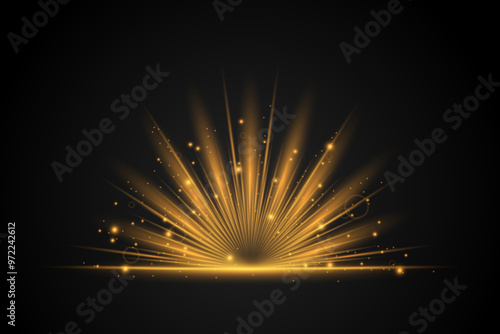 Golden bursting rays of light effect. Transparent glowing sunrise light effect with sparkles