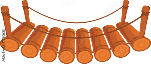 Simple wooden hanging bridge with a curved shape is connecting two sides