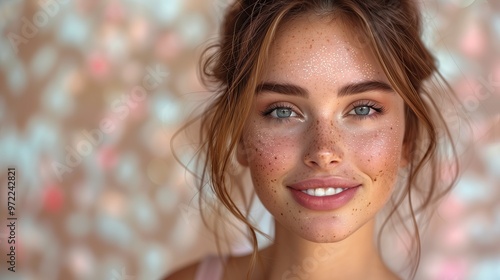 Radiant Youthful Glow, a young woman exudes freshness with a dewy complexion and a genuine, bright smile, set against a soft, inviting backdrop.