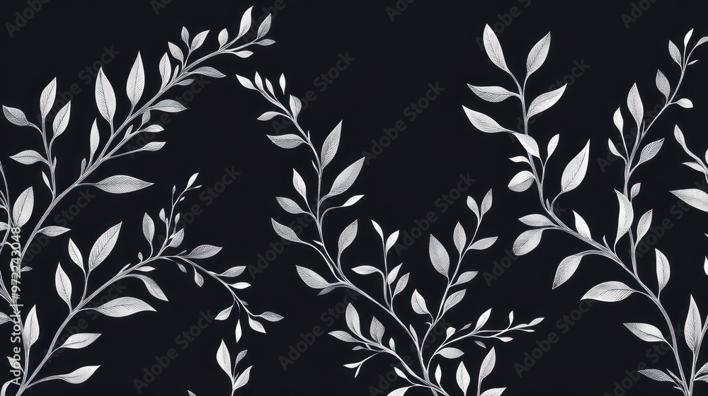 Fototapeta premium A decorative pattern featuring silver leaves on a dark background, ideal for design use.