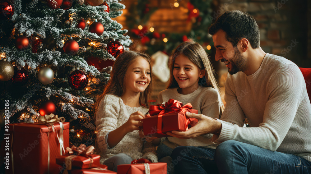 Happy Family Opening Presents Under The Christmas Tree. Festive Christmas Celebration. Happy Family Opening Presents Under The Christmas Tree. Festive Christmas Celebration.