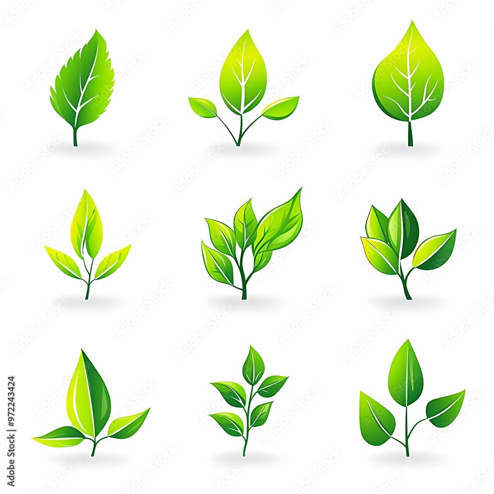 Set of green leaves icons on a white background. Vector illustration. Set of green leaves icons on a white background. Vector illustration.